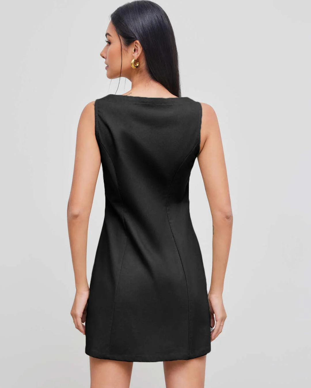 Black Boat Neck Solid Button Sleeveless Mini Dress - Image 4