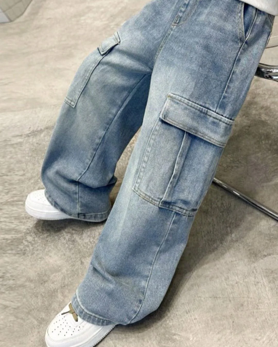 Men Casual Wide-Leg Loose Cargo Trouser In Blue - Image 3