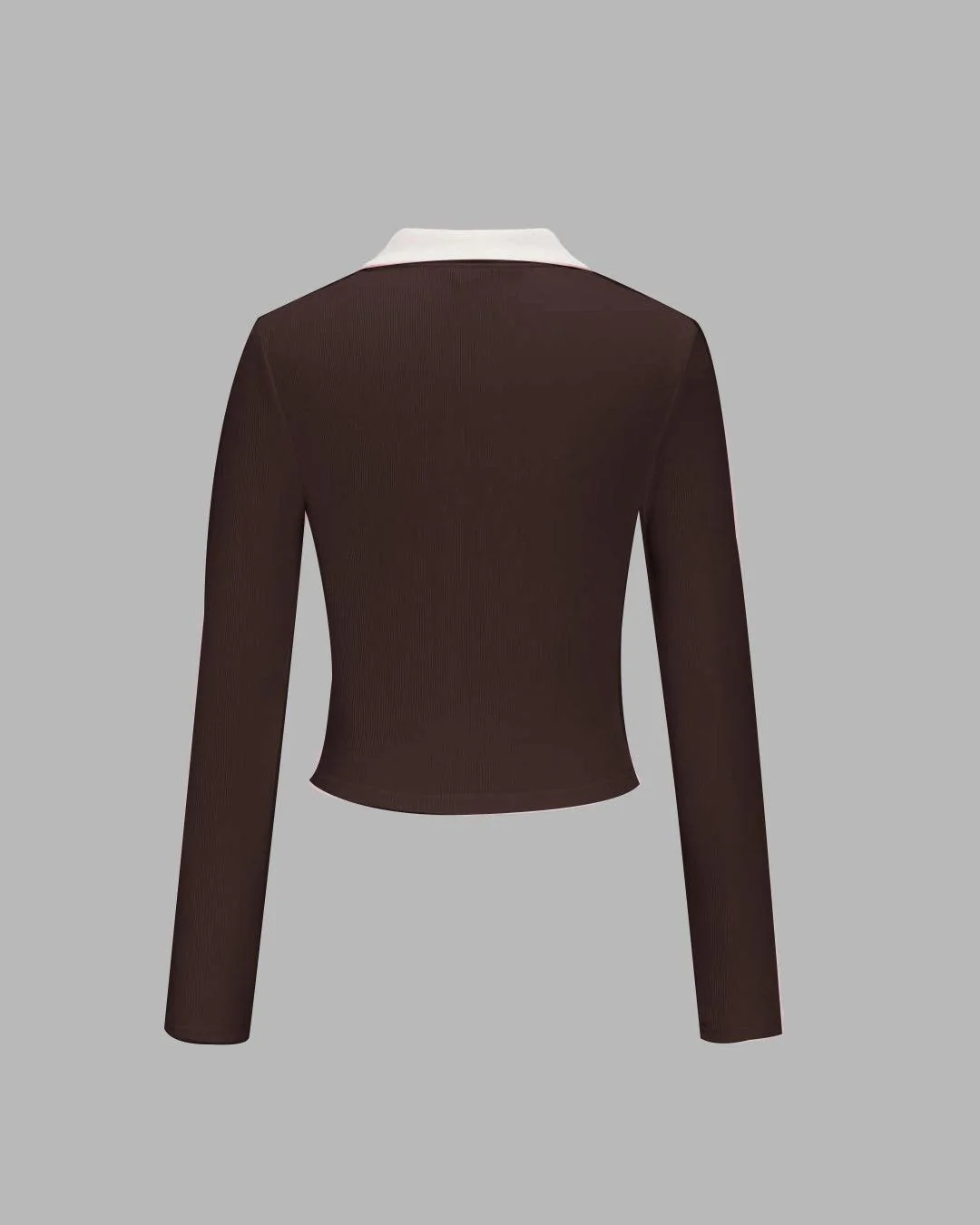 Collared V Neck Long Sleeve Button Front Top in Brown - Image 3