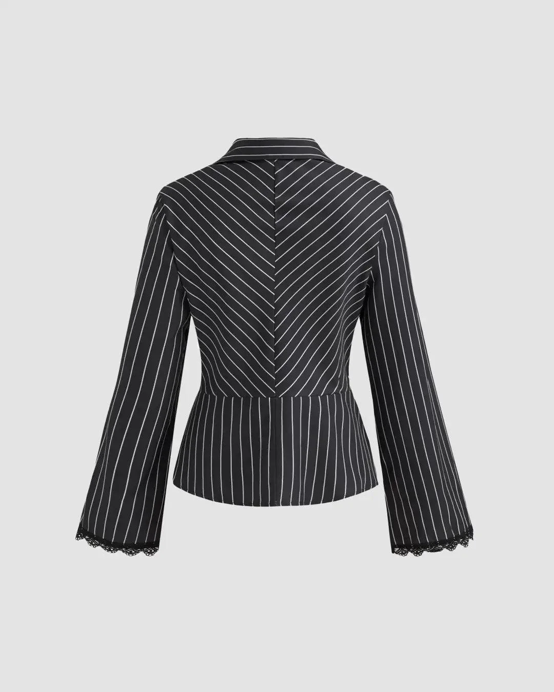 Lace Trim Collared Neck Full Sleeve Striped Shirt in Black - Image 3