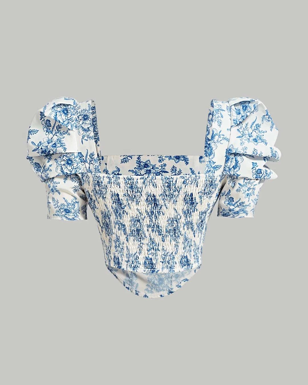 Party Square Neck Puff Sleeve Floral Crop Top in Blue and White - Image 3