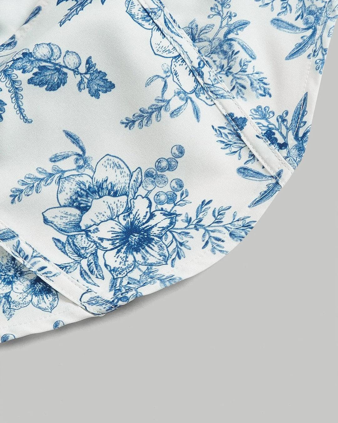 Party Square Neck Puff Sleeve Floral Crop Top in Blue and White - Image 5