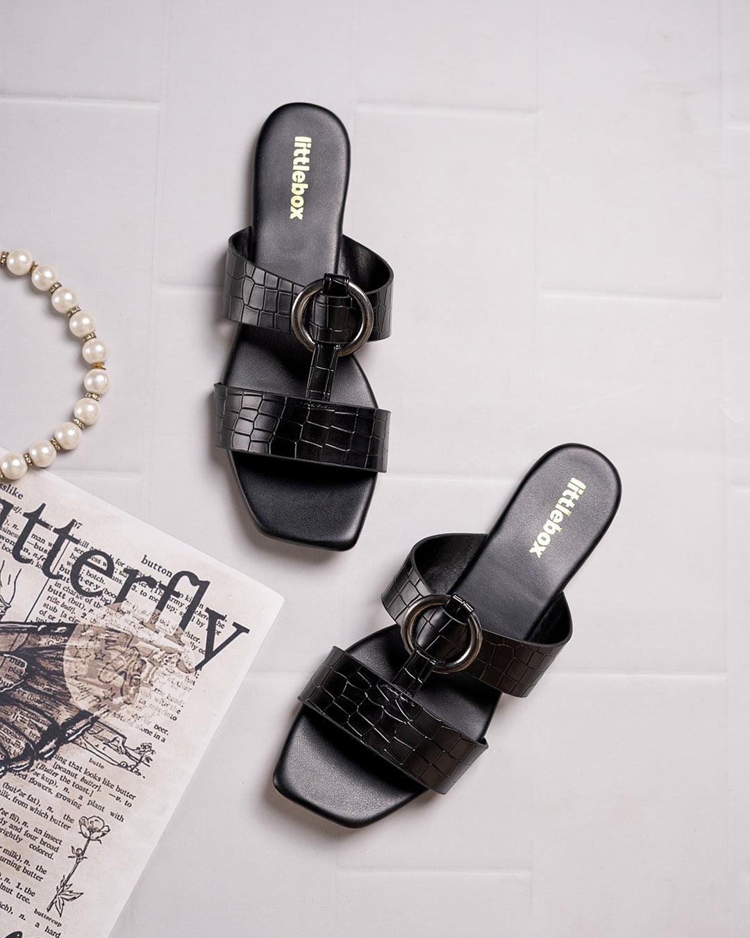 Crocodile Embossed Double Strap Buckle Detailed Flats - Image 6