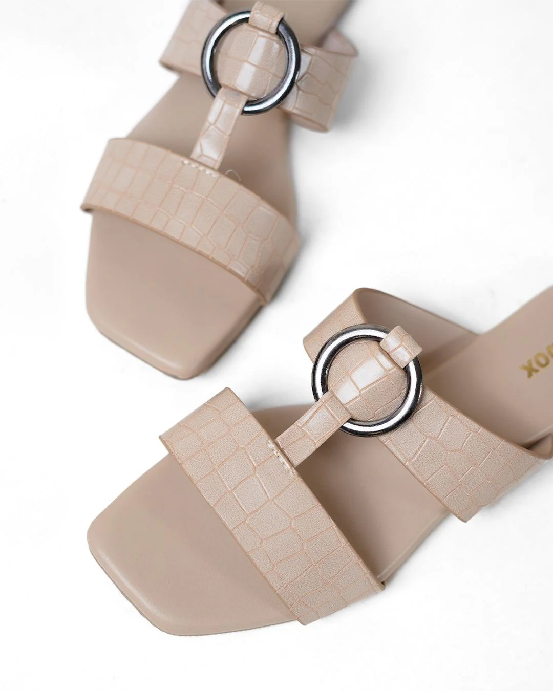 Crocodile Embossed Double Strap Buckle Detailed Flats In Beige - Image 3