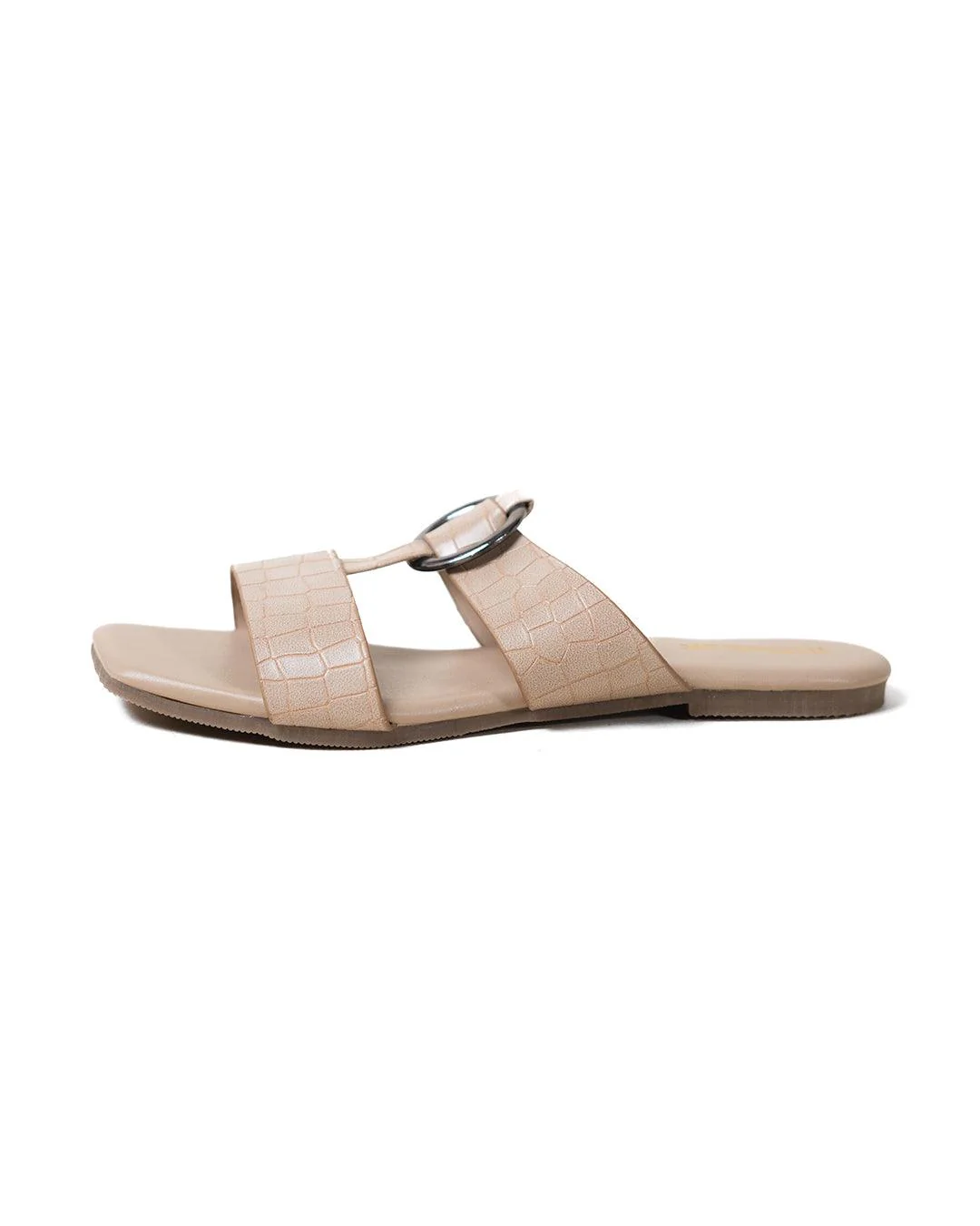 Crocodile Embossed Double Strap Buckle Detailed Flats In Beige - Image 4