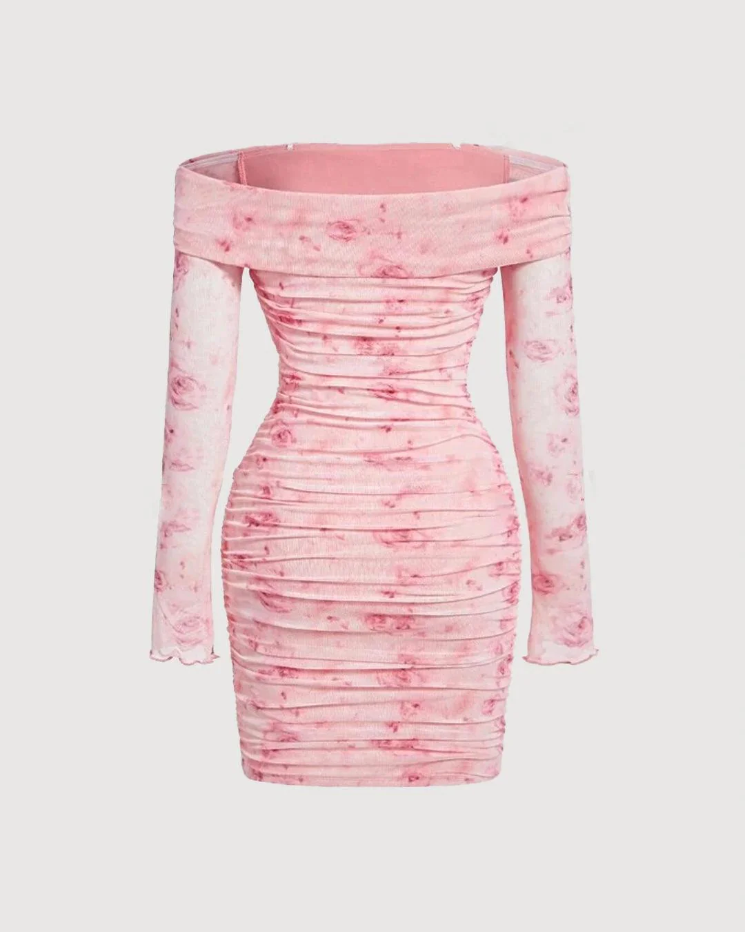 Floral Print Off Shoulder Ruched Mesh Bodycon Dress - Image 3