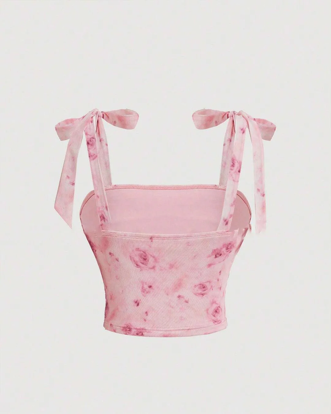 Square Neck Floral Tie Strap Sleeveless Crop Top in Pink - Image 3