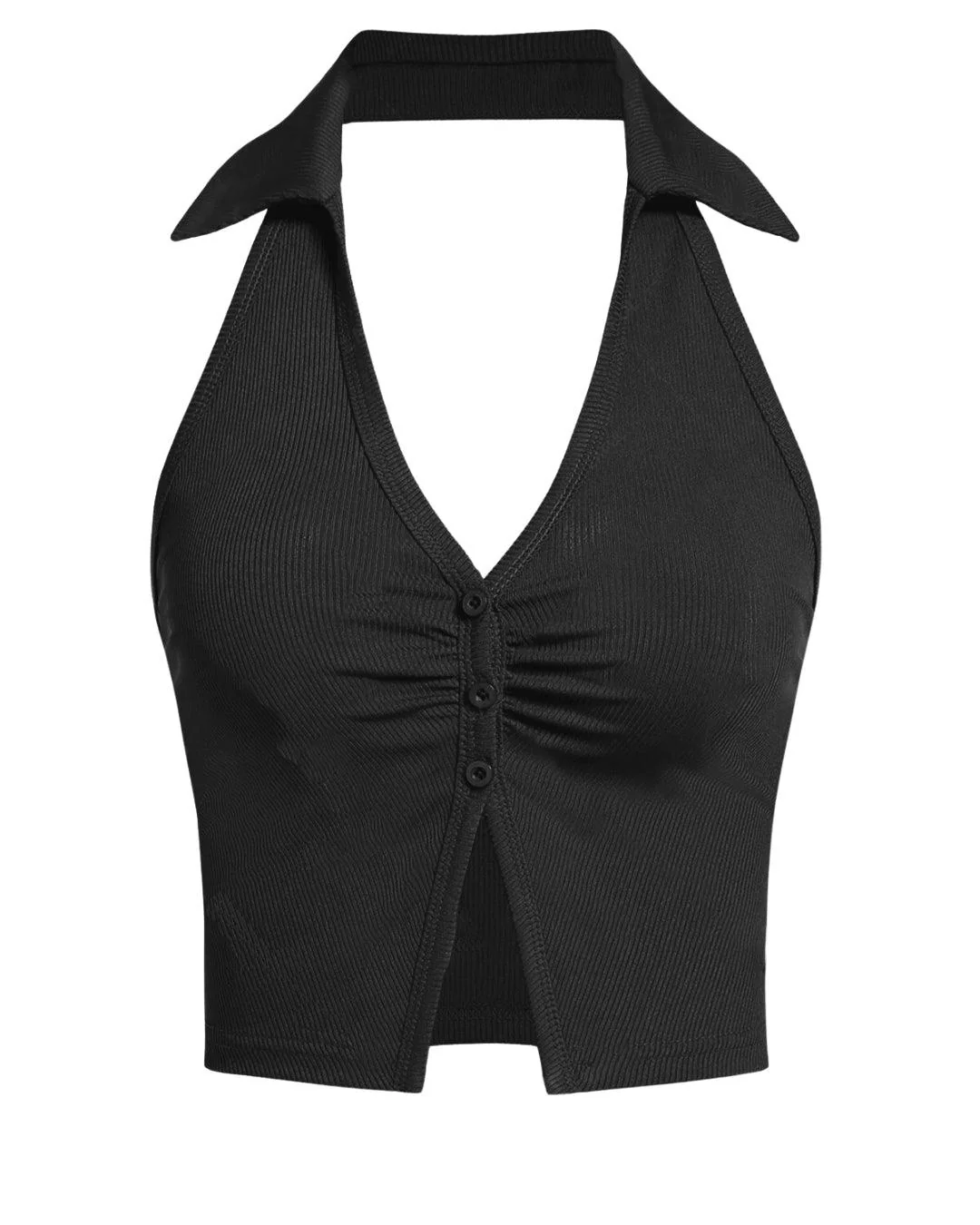 Fitted Halter Neck Button Front Sleeveless Top in Black - Image 4