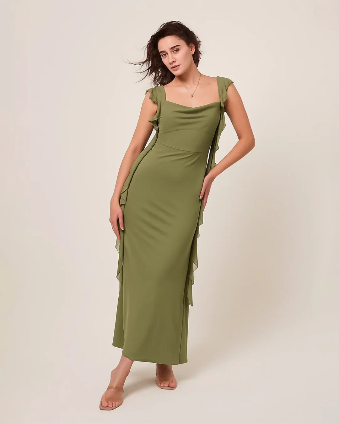 Mesh Ruffle Green Maxi Dress - Image 3