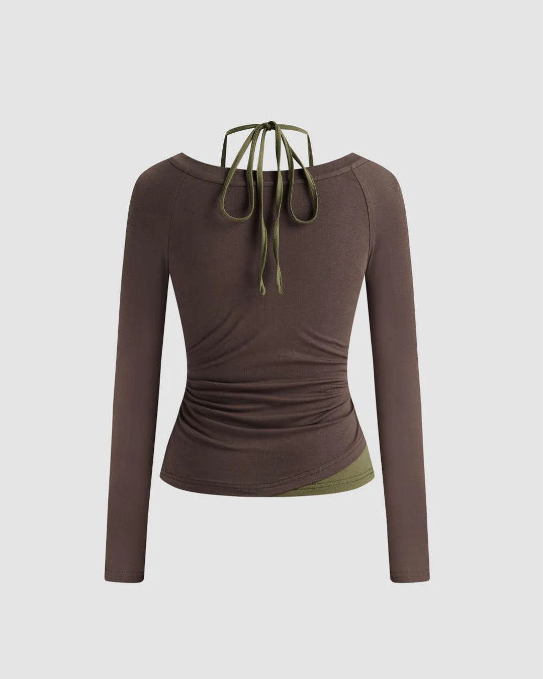 Halter Neckline Long Sleeve Top In Chocolate Brown & Avocado - Image 3
