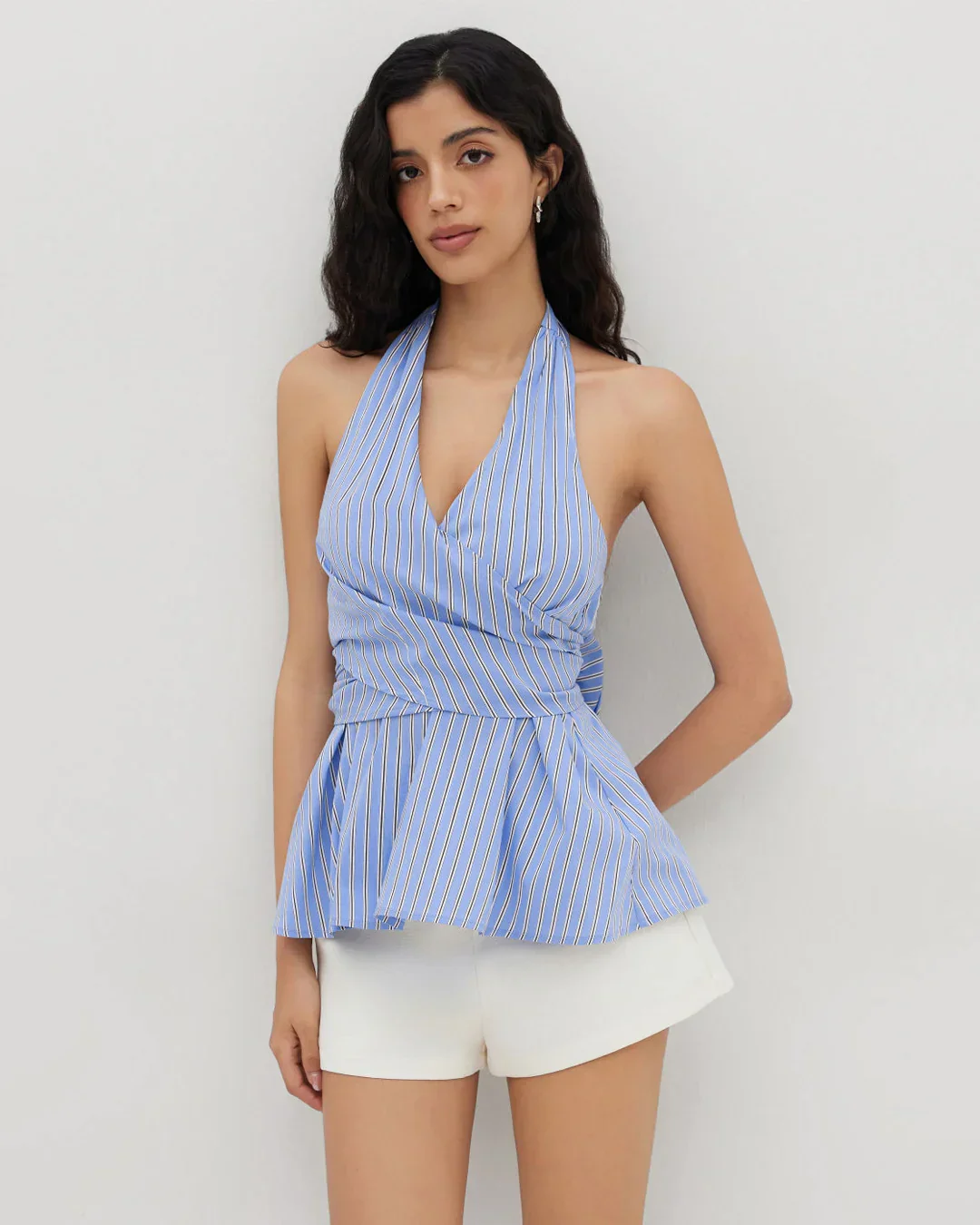 Halter Neckline Stripe Bowknot Ruffle Hem Top - Image 3