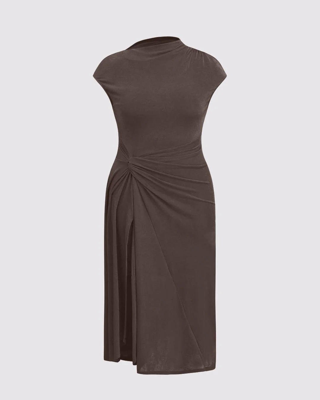 High Neck Twist Ruched Split Maxi Dress Curve & Plus In Coco Brown - Image 3