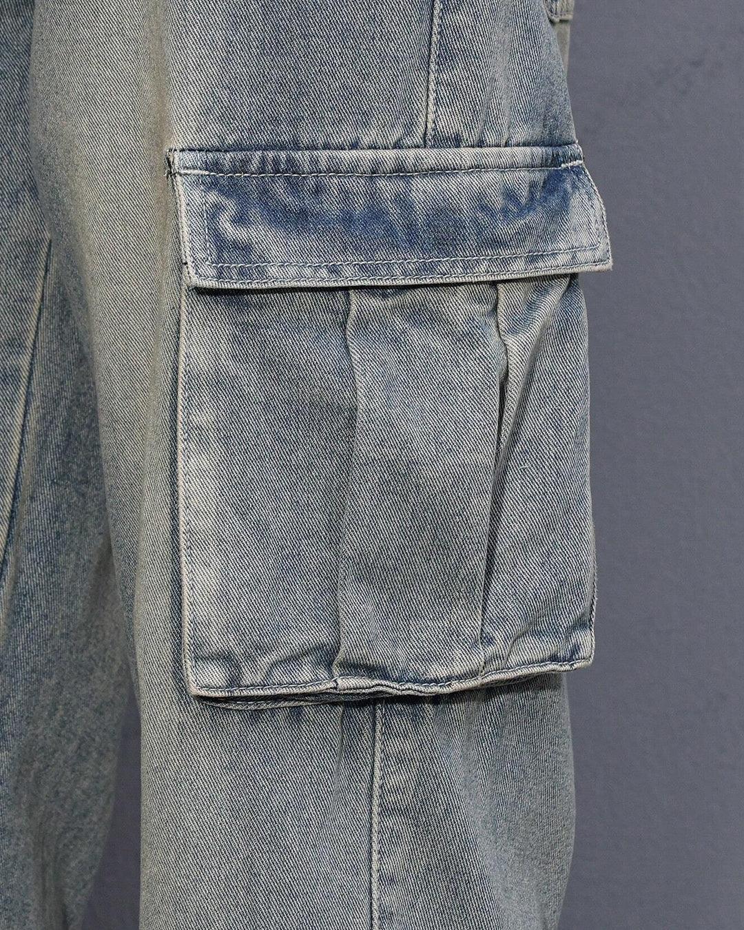 Men Casual Street Flap Pocket Loose Straight Leg Cargo Denim Jeans, Plain Long Distressed Straight Leg Cargo Light Blue - Image 3