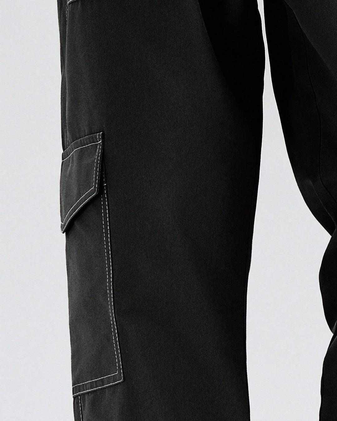 Men Going Out Y2k Loose Top Stitched Waist Baggy Cargo Jeans In Black - Image 3