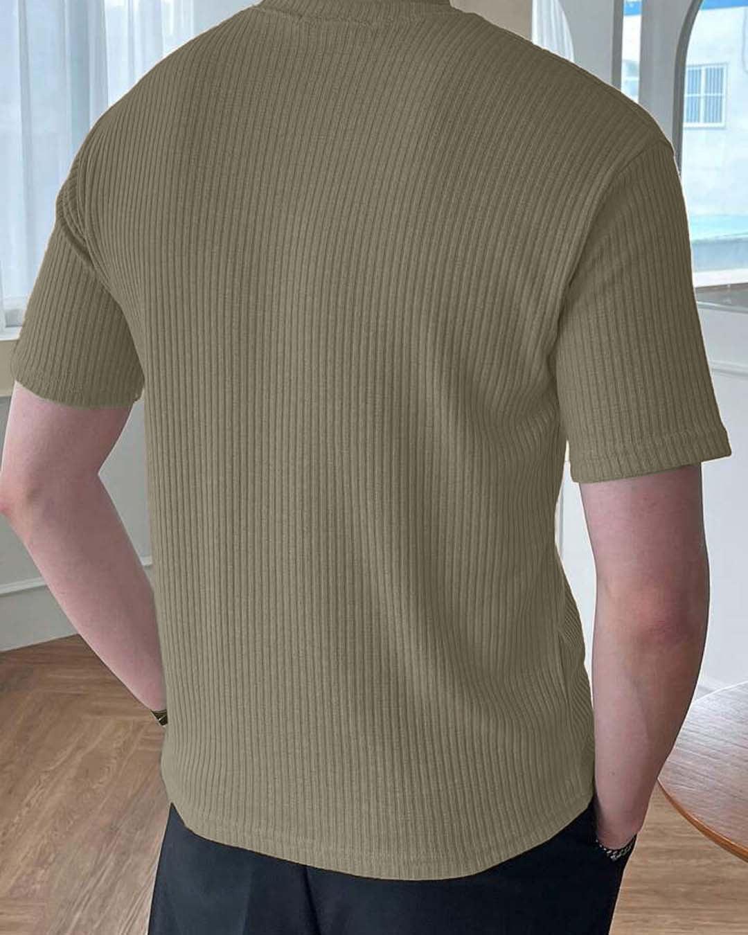 Men Round Neck Khaki Regular T-Shirt - Image 3