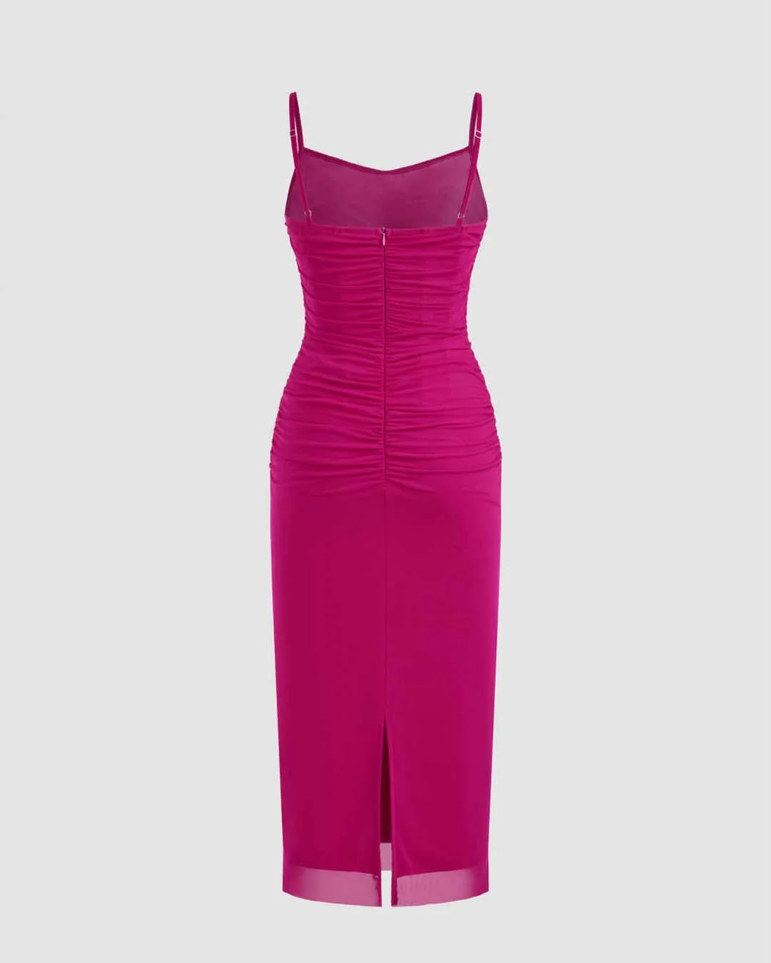 Mesh Solid Ruched Hot Pink Midi Dress - Image 3