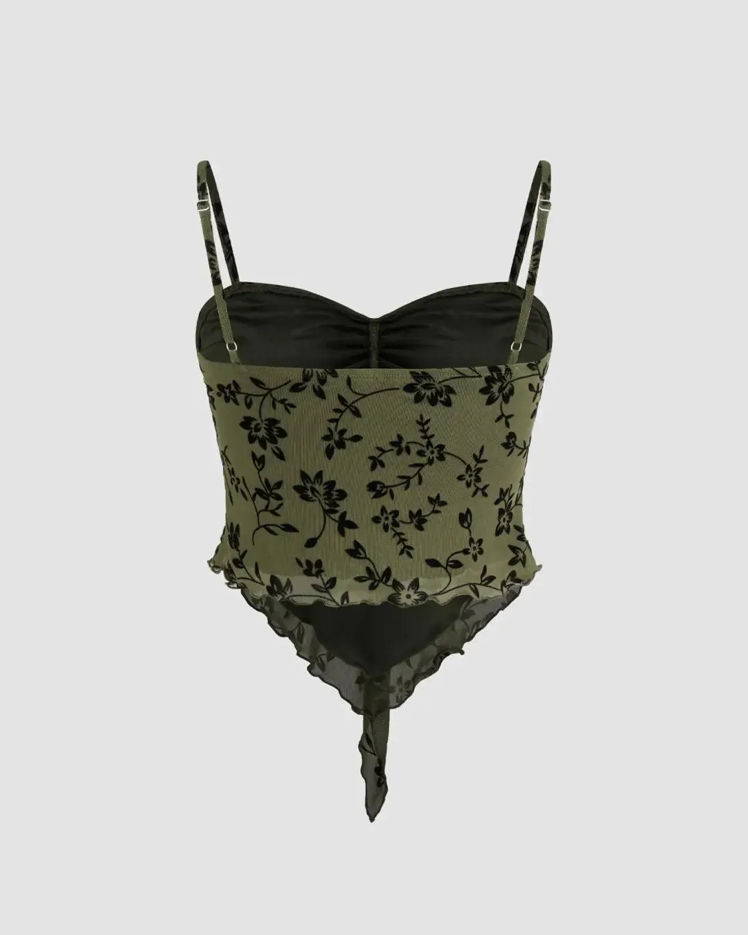 Mesh V-neck Floral Lettuce Trim Knotted Crop Cami Top - Image 3