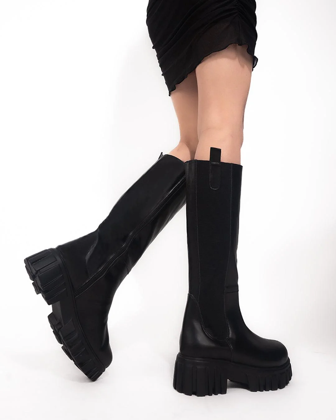 Motorcycle Side Zipper Chunky Sole Knee Boots - Image 4