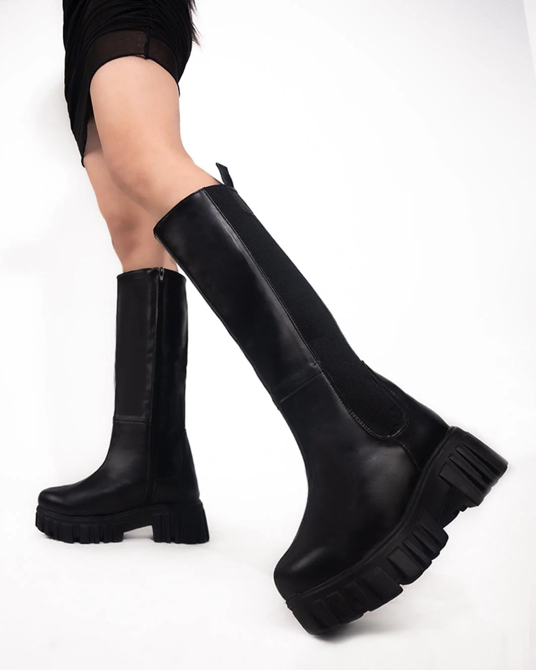 Motorcycle Side Zipper Chunky Sole Knee Boots - Image 5