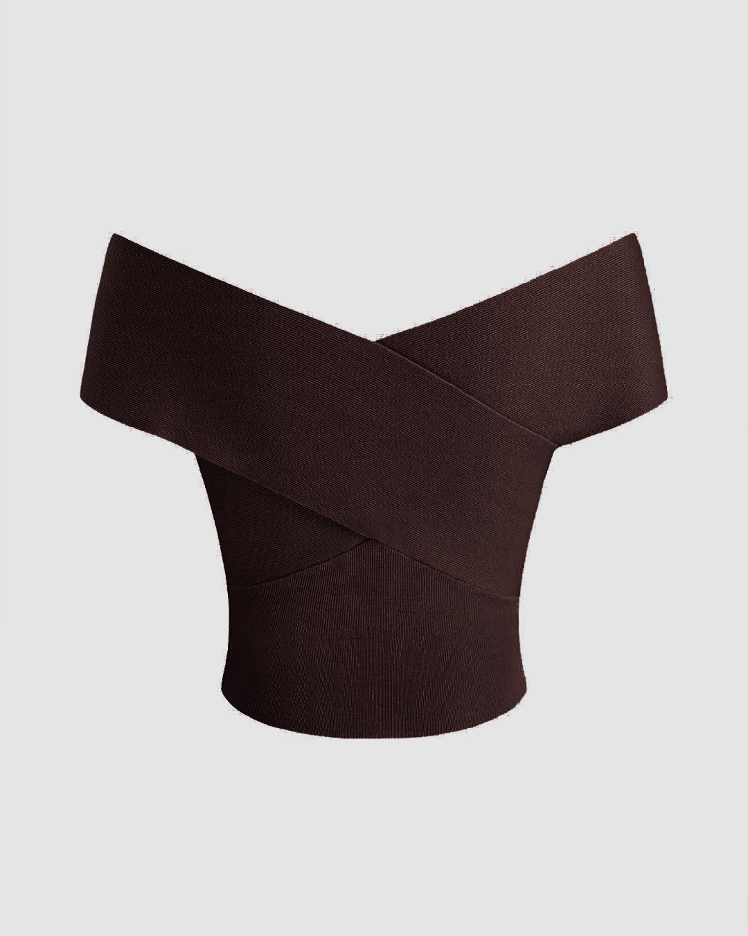 Party Off Shoulder Ruched Twist Front Top in Brown - Image 3