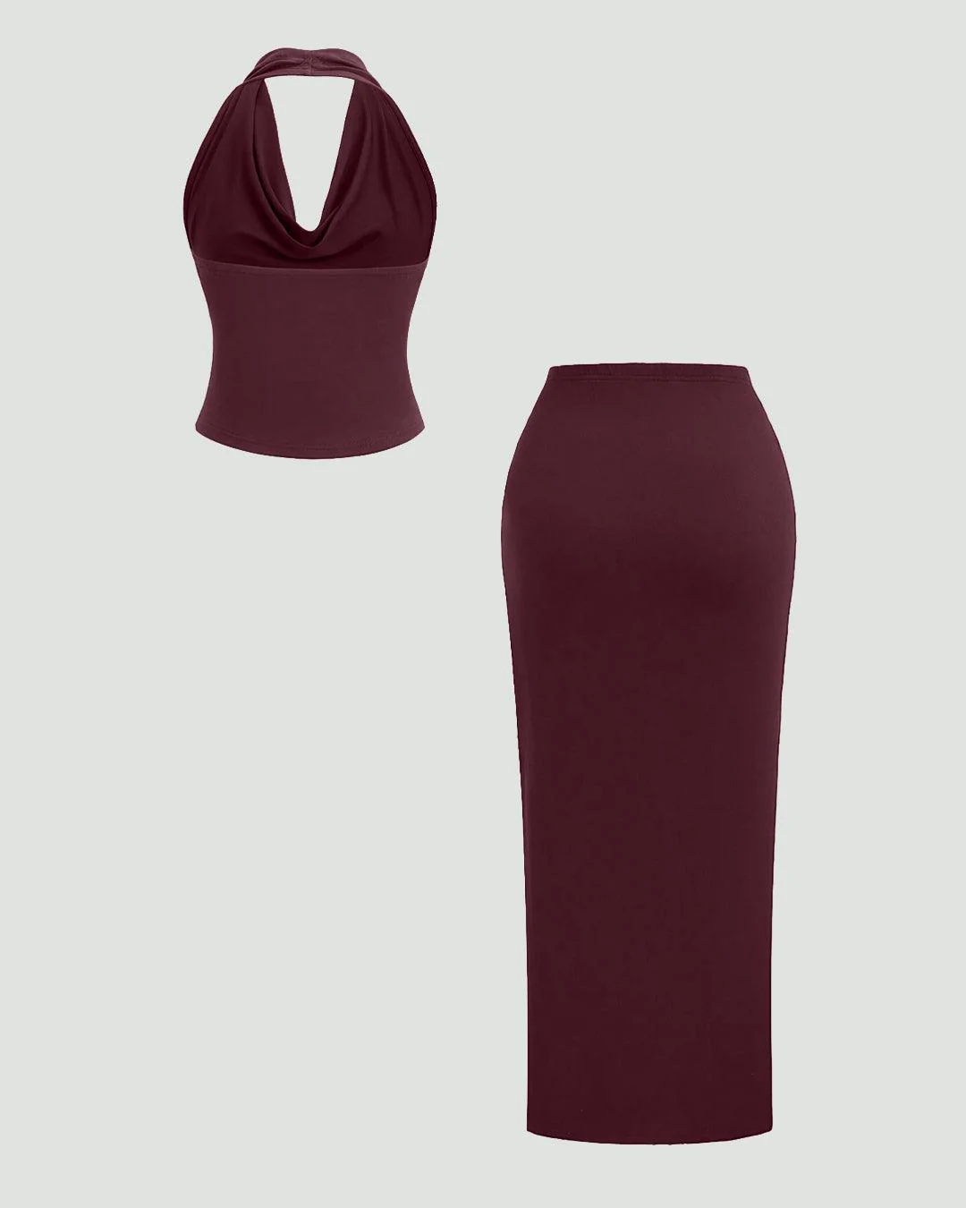 Plunge Neck Backless Halter Top And Slit Side Skirt Set In Maroon - Image 3