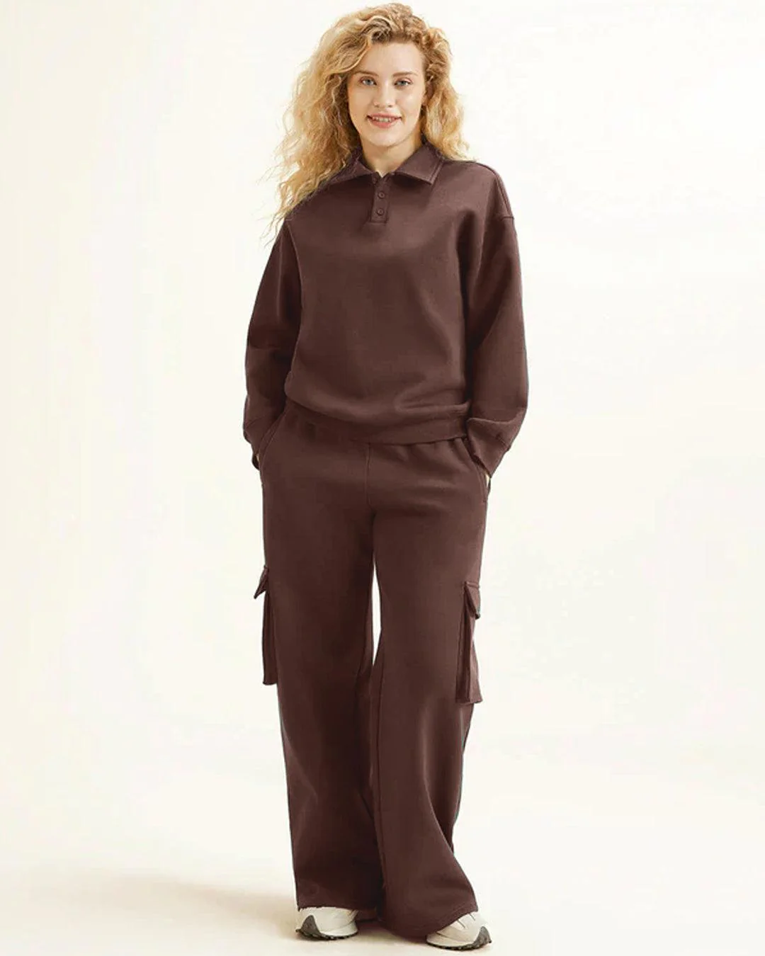 Polar Fleece Polo Sweatshirt & Elastic Waist Cargo Pants Two Piece Set Chocolate Brown - Image 4