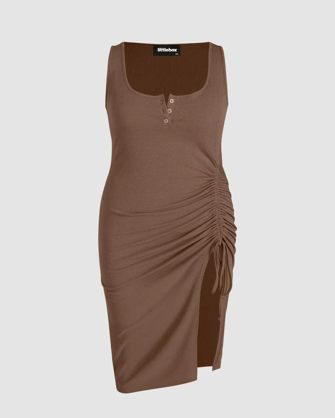 Rib Button Drawstring Midi Dress Brown Curve & Plus - Image 3