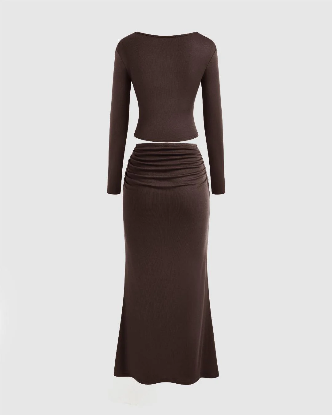 Round Neckline Solid Crop Top & Mid Rise Ruched Maxi Skirt Set In Chocolate Brown - Image 3