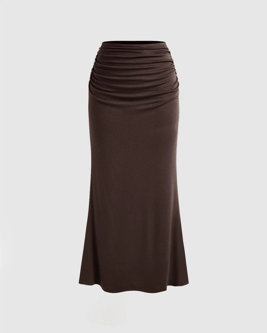 Round Neckline Solid Crop Top & Mid Rise Ruched Maxi Skirt Set In Chocolate Brown - Image 5