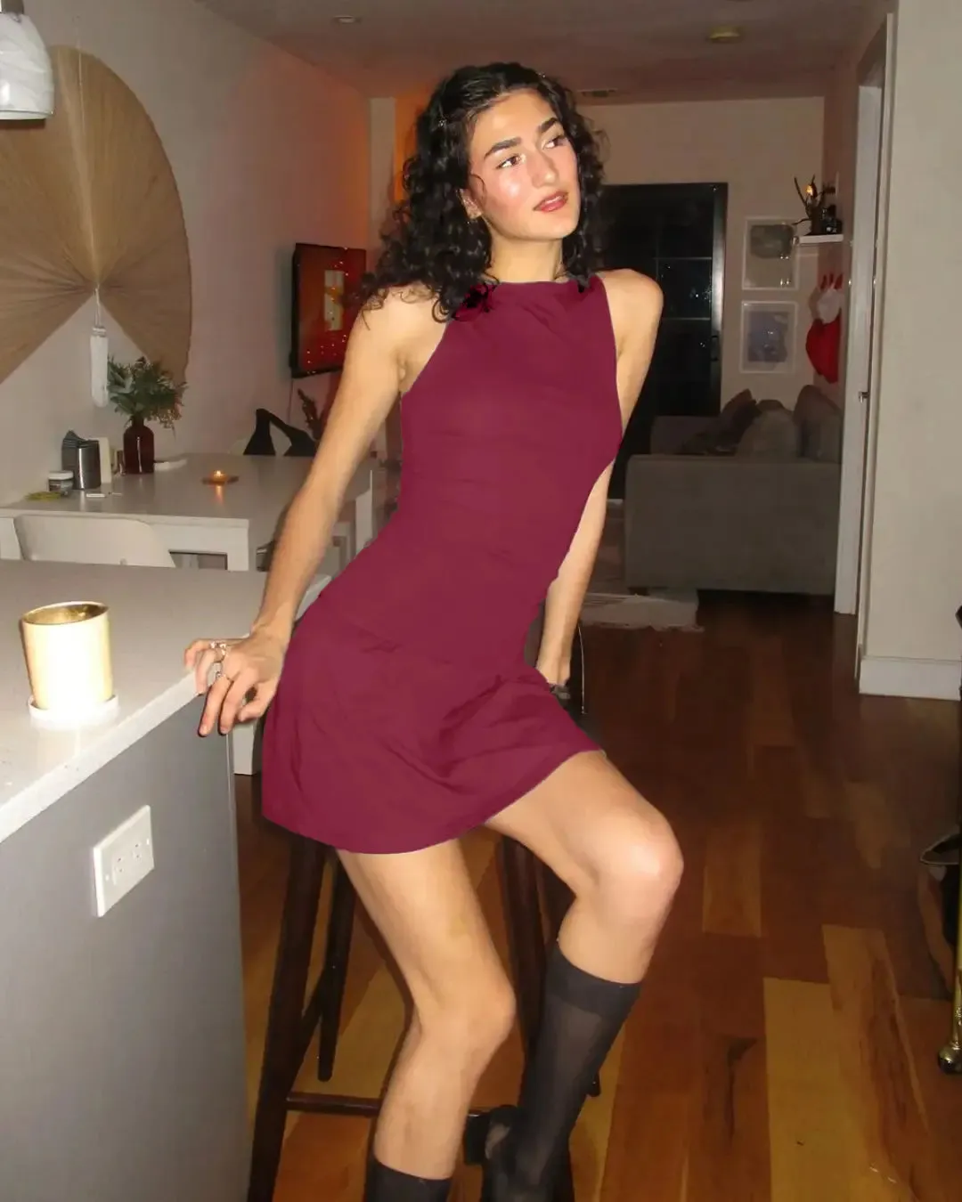 Round Neckline Solid Ruched Ruffle Hem Mini Cami Dress In Ruby - Image 3