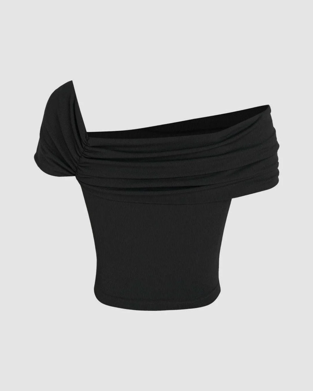 Ruched Off-Shoulder Short Sleeve Crop Top In Black - Image 3