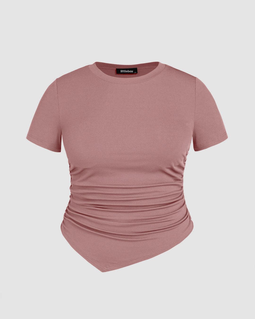 Ruched Round Neckline Short Sleeve Top In Pink Curve & Plus - Image 3