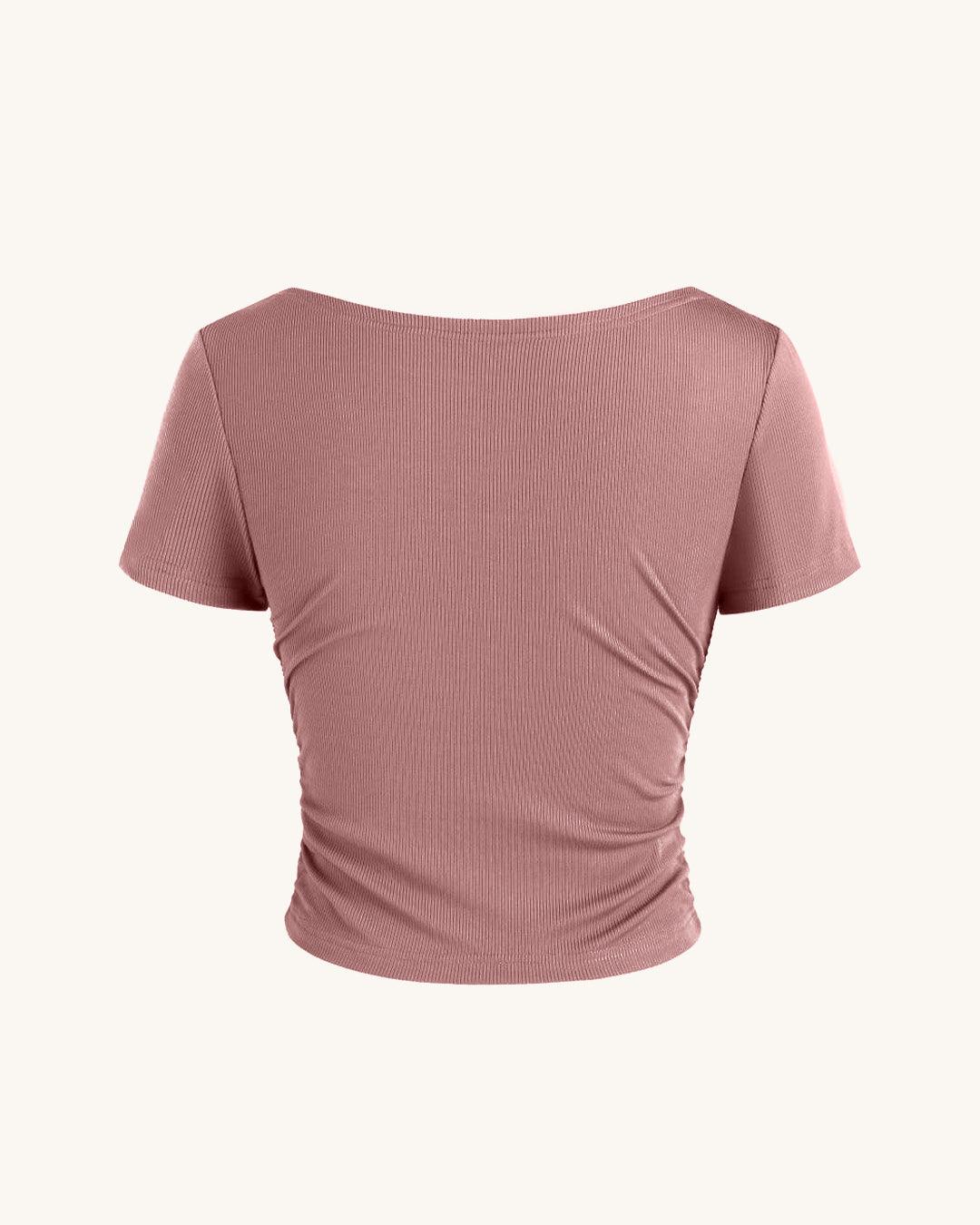 Ruched Short-Sleeve Cowl Neck Top In Pink - Image 3