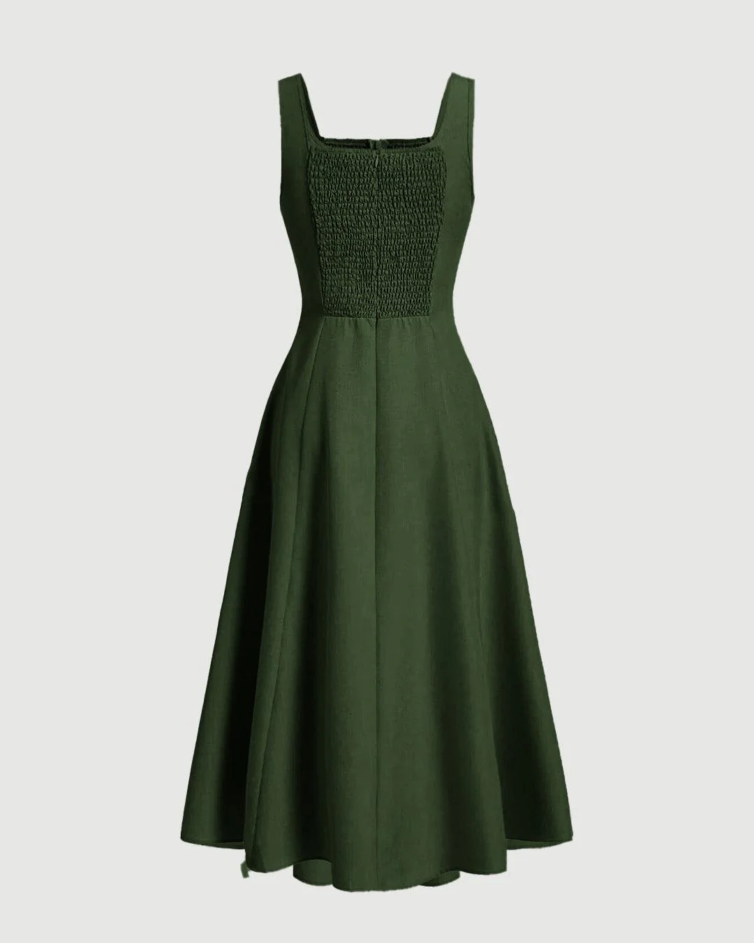 Olive Green Scoop Neck Midi Dress with Retro Style - Image 3