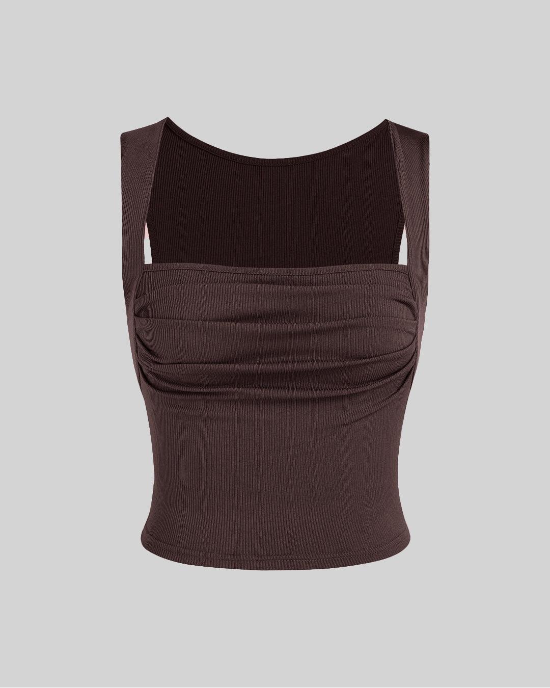 Set Of Two Ruched Square Neck Crop Top With Trouser In Dark Brown - Image 3