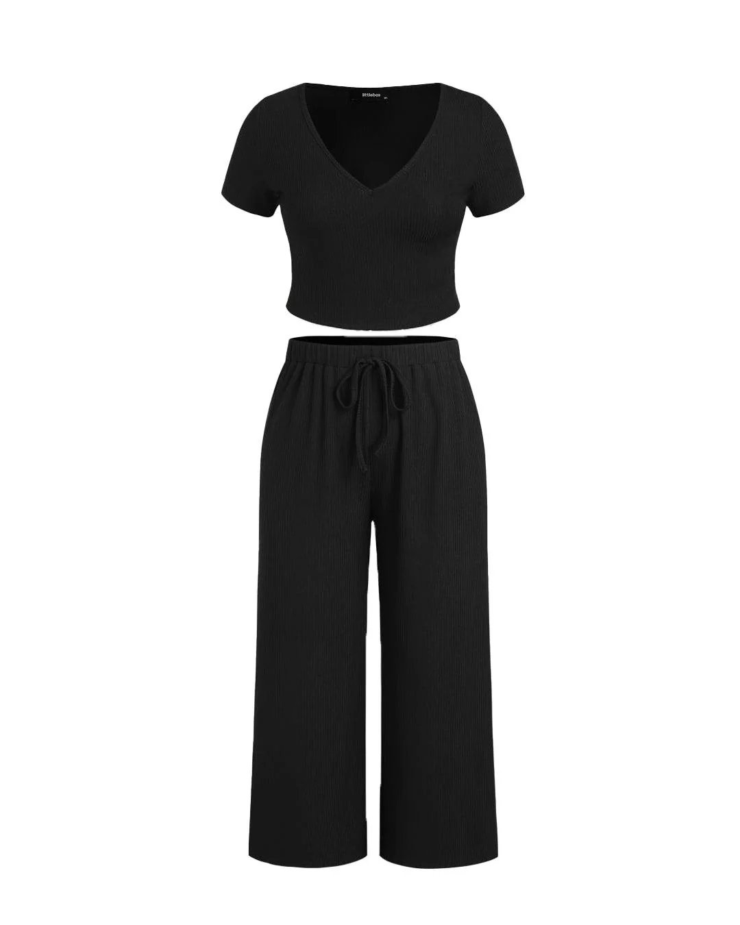 Short Sleeve Crop T-Shirt With V-Neck & Wide Knotted Pant In Black Curve & Plus - Image 3
