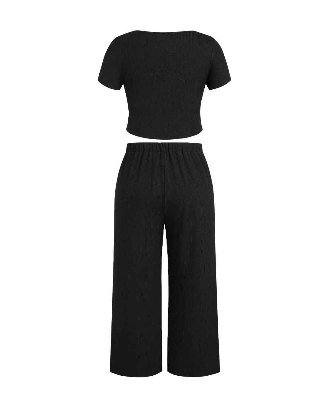 Short Sleeve Crop T-Shirt With V-Neck & Wide Knotted Pant In Black Curve & Plus - Image 4