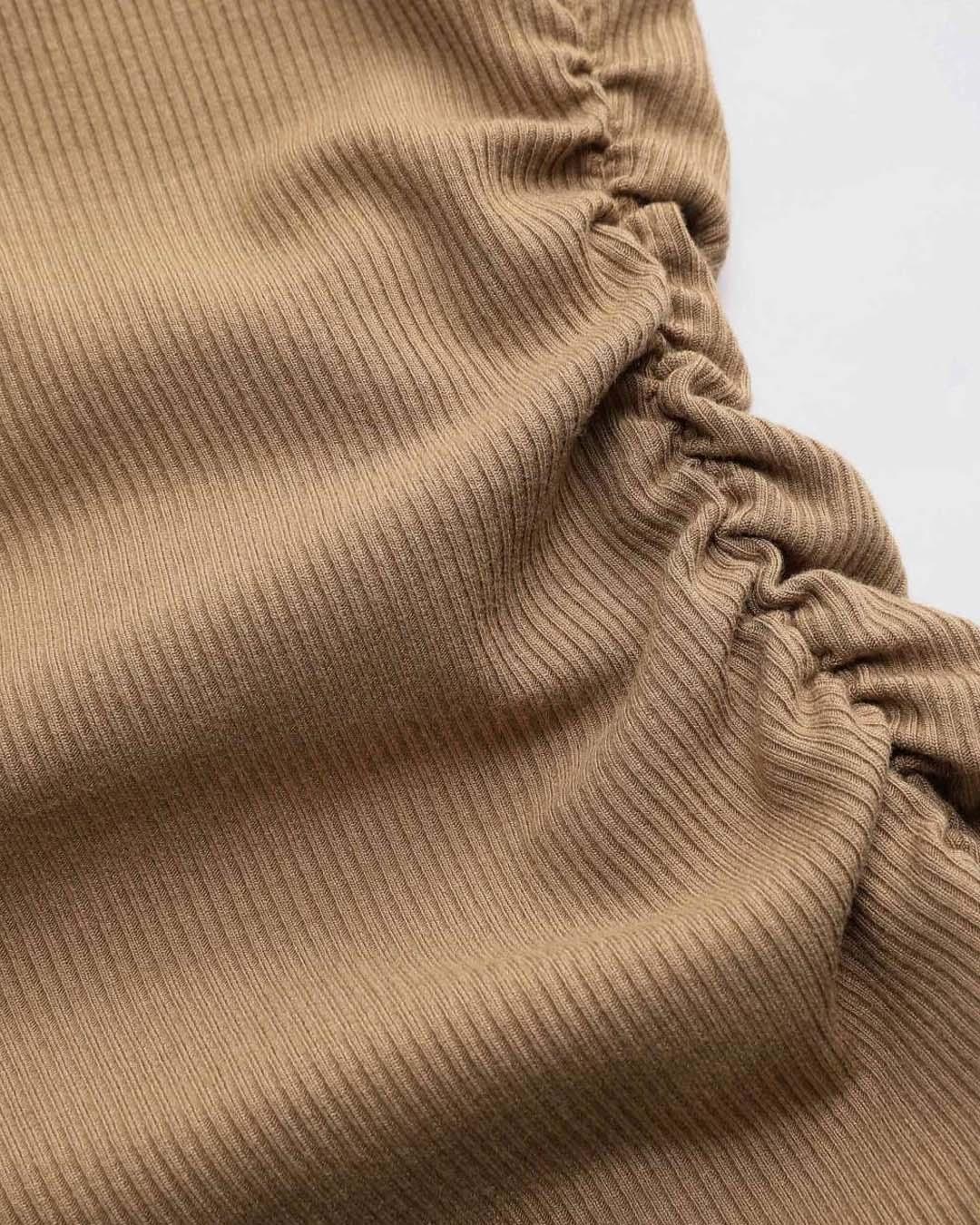 Solid Asymmetrical Neck Ruched Long Sleeve Brown Top - Image 5