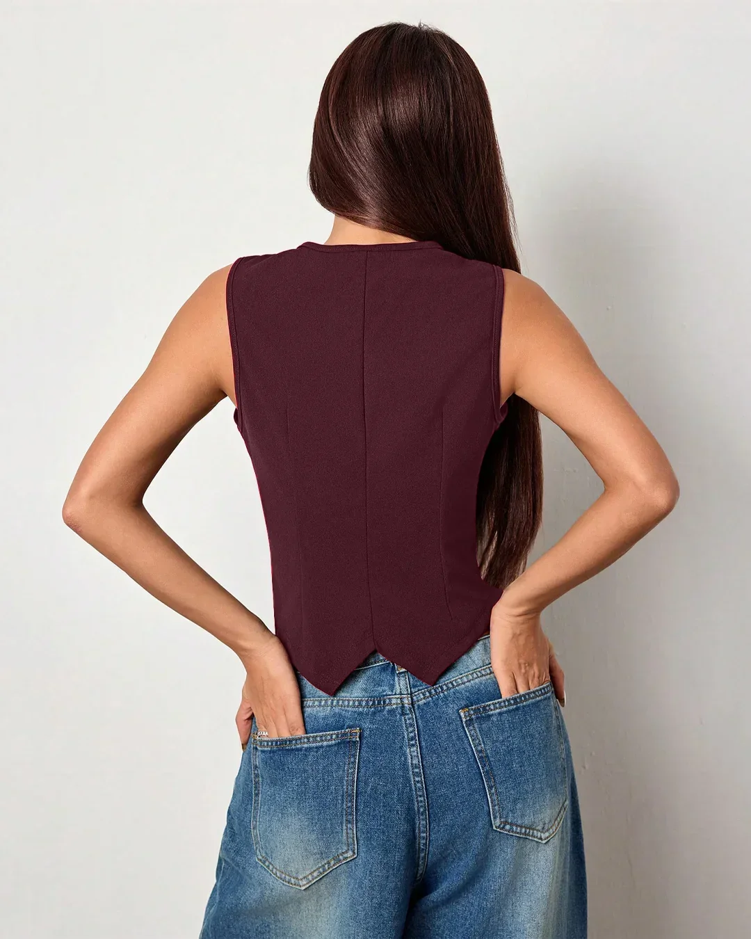 Structured V-Neck Buttoned Sleeveless Vest Top in Maroon - Image 3