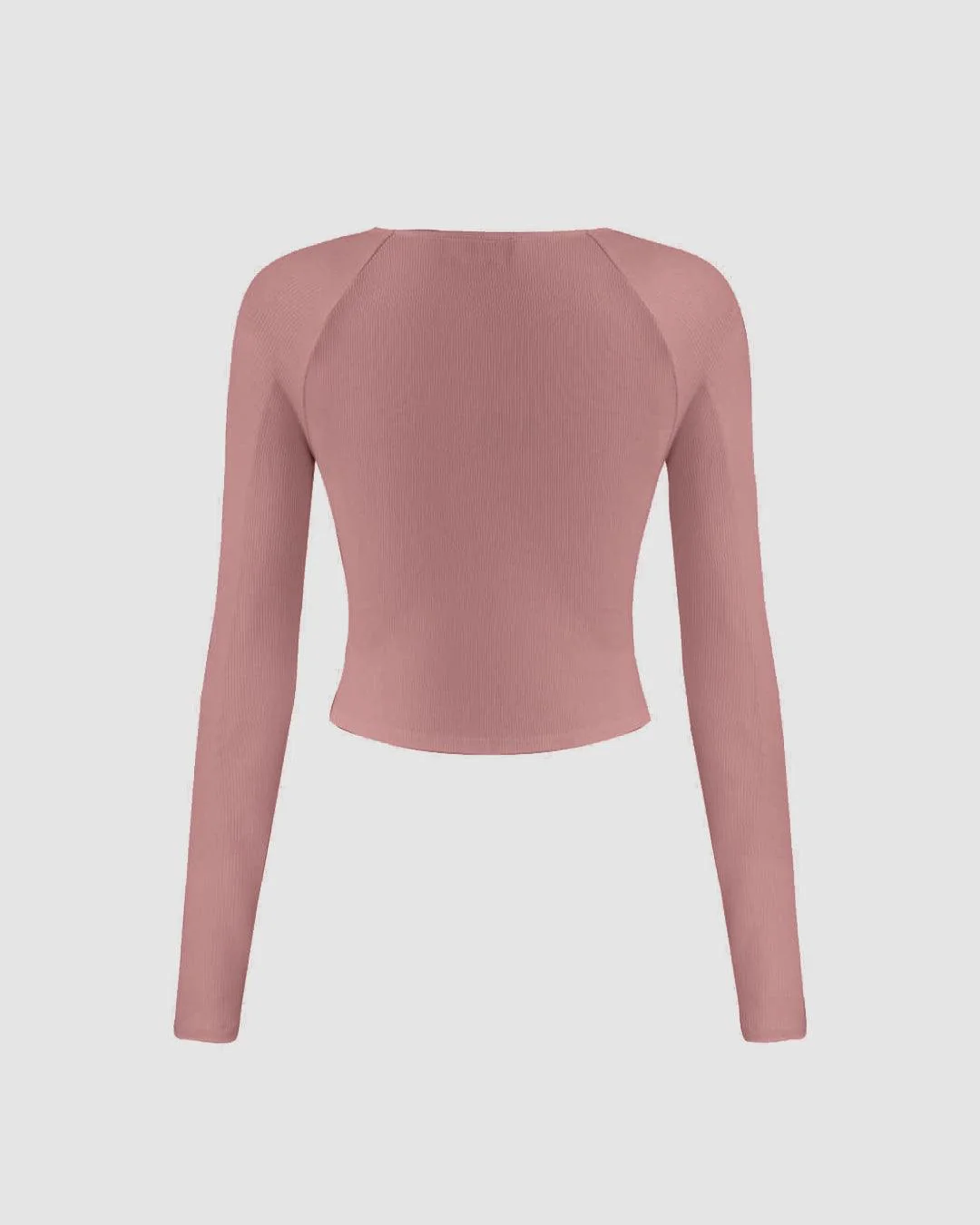 Solid Ribbed V-Neck Long Sleeves Wrap Top In Dusty Pink - Image 3