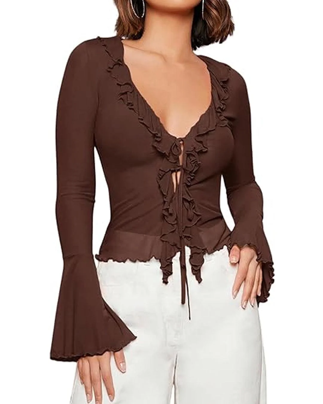 Solid Ruffle Trim Lace Up V-Neck Flare Sleeve Coco Brown Top - Image 3