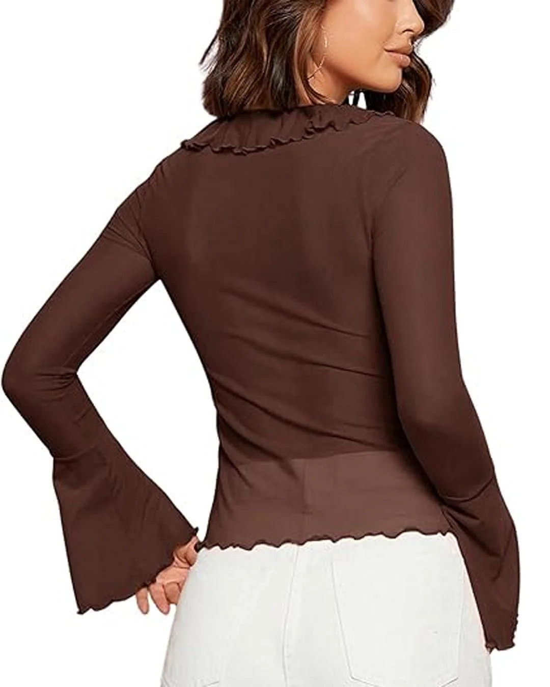 Solid Ruffle Trim Lace Up V-Neck Flare Sleeve Coco Brown Top - Image 4