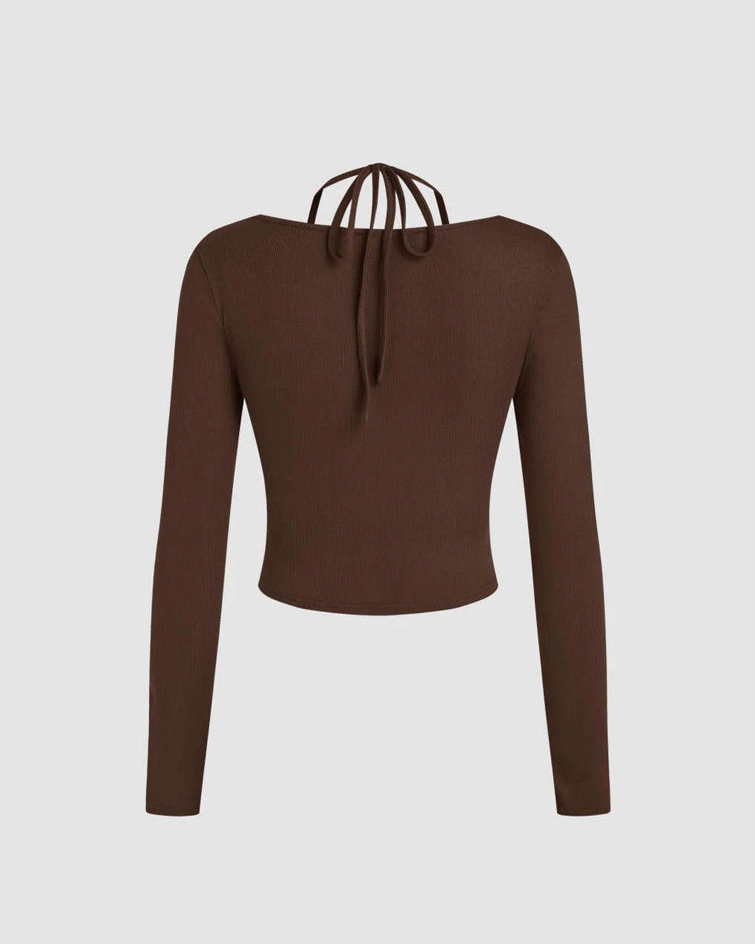 Wrap Style Long Sleeve Crop Top with Neck Tie in Brown - Image 3