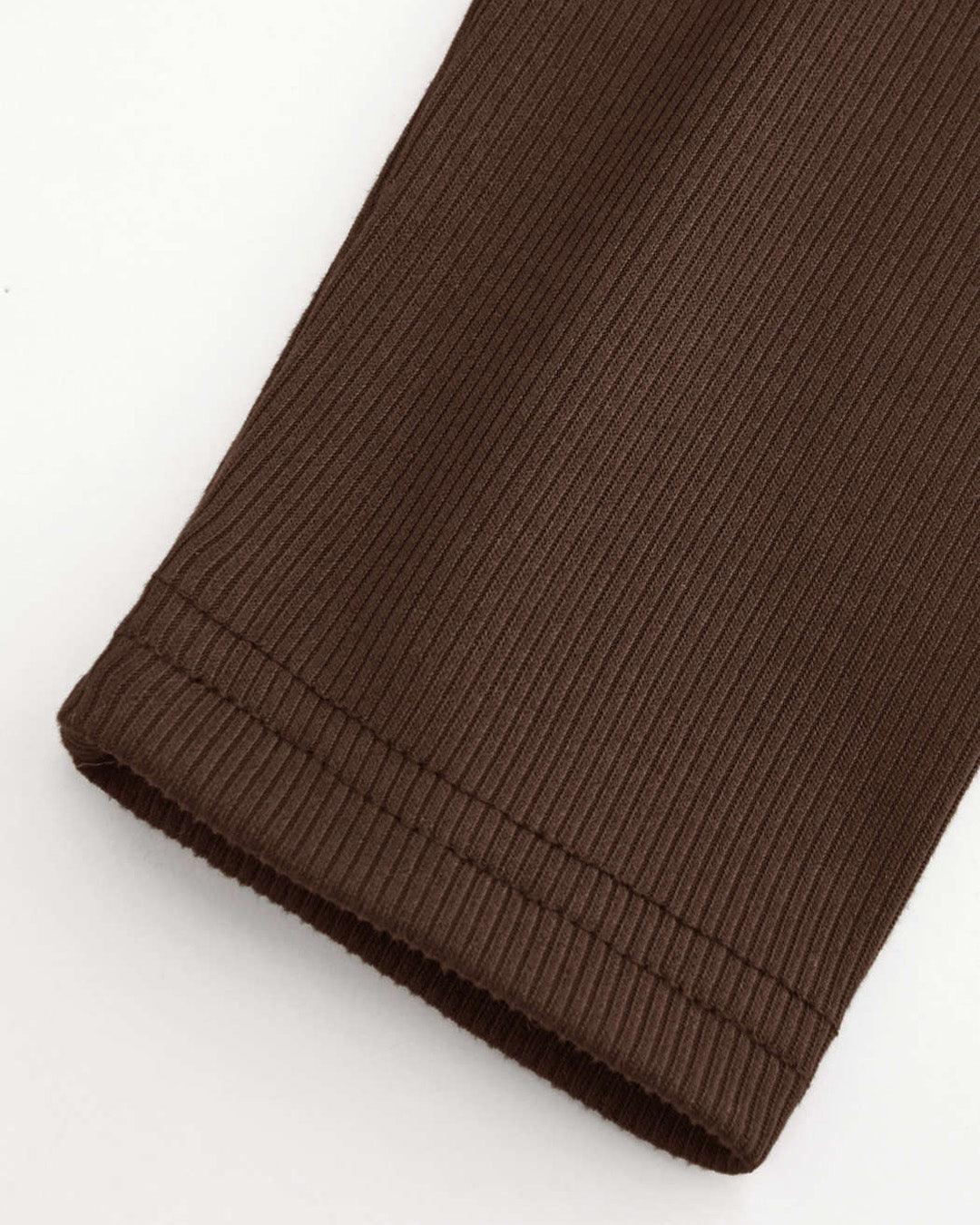 Wrap Style Long Sleeve Crop Top with Neck Tie in Brown - Image 5