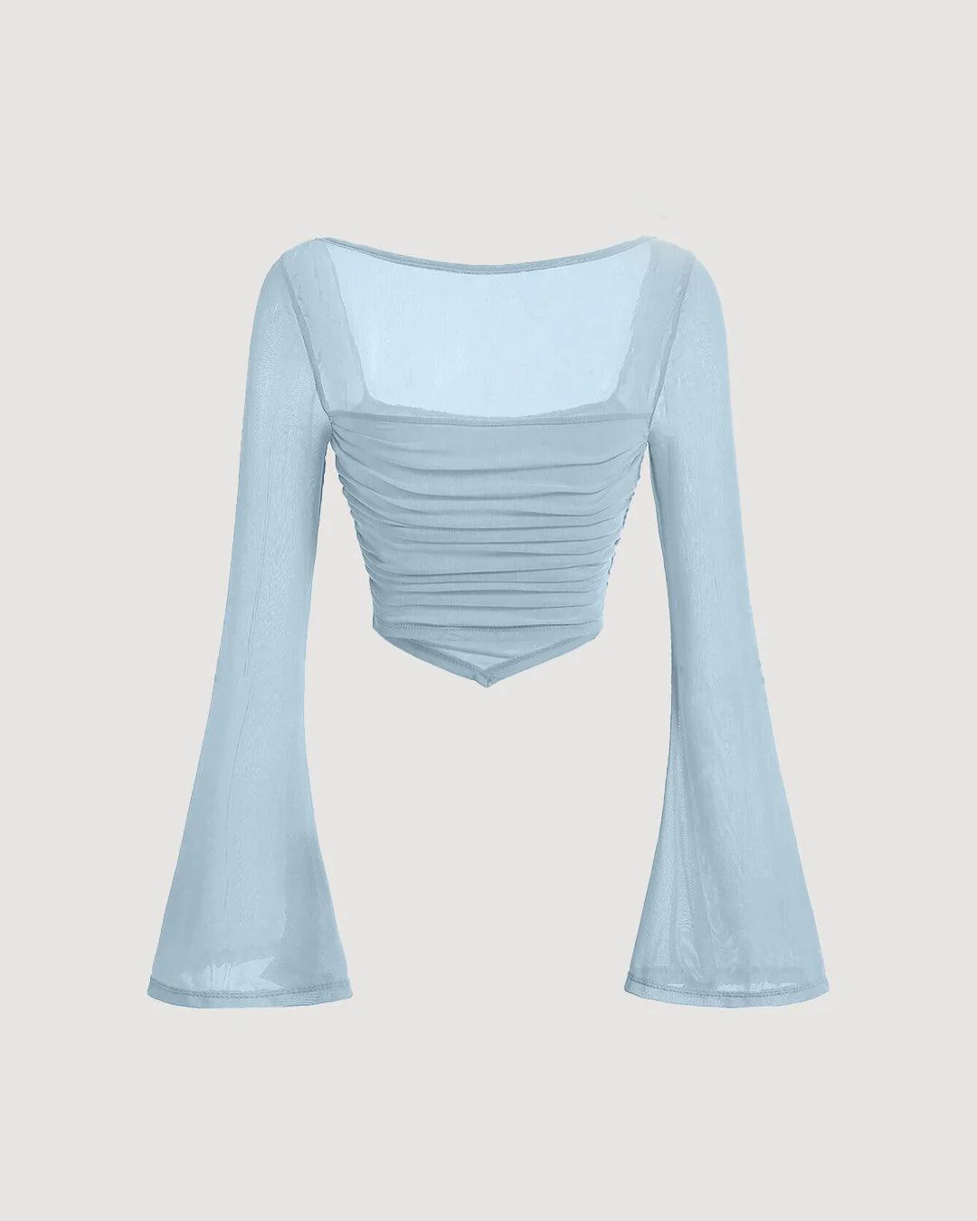 Square Neck Bell Sleeve Asymmetrical Sheer Mesh Blue Crop Top - Image 3