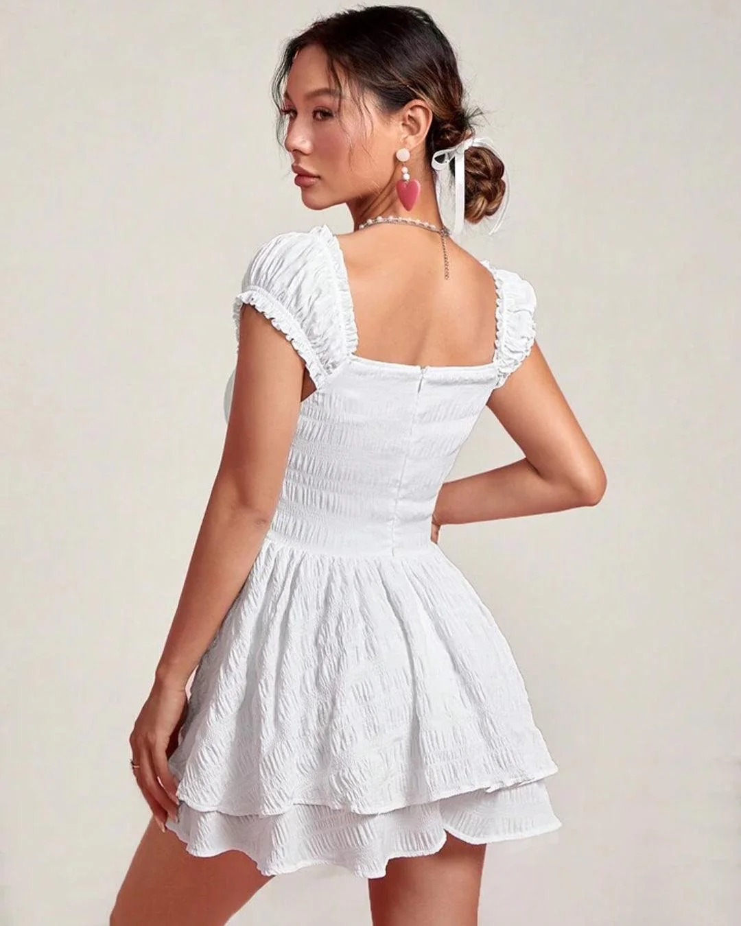 Square Neck Double Layer Short Sleeve Dress In White - Image 3
