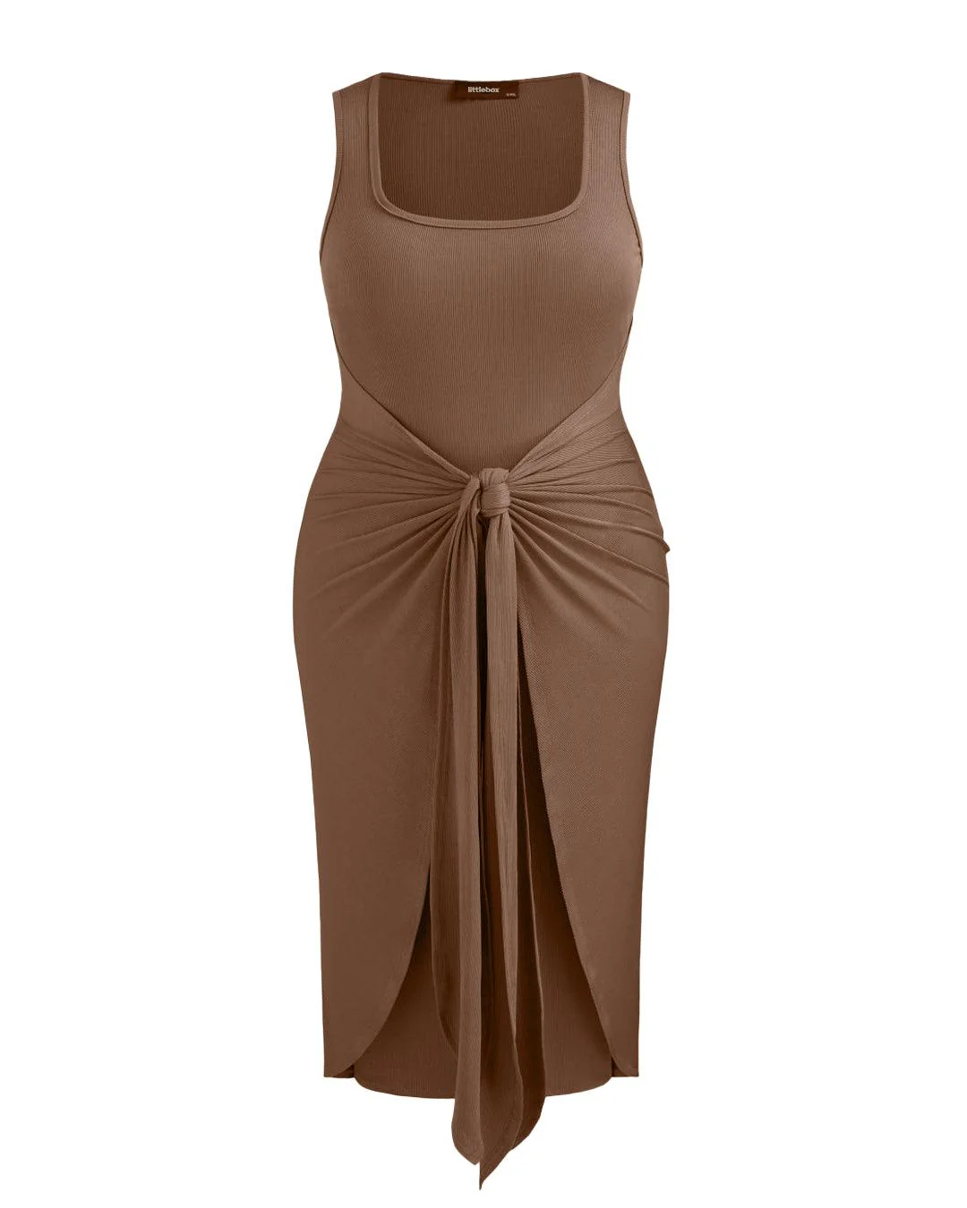 Square Neck Solid Twist Knotted Brown Maxi Dress Curve & Plus - Image 3