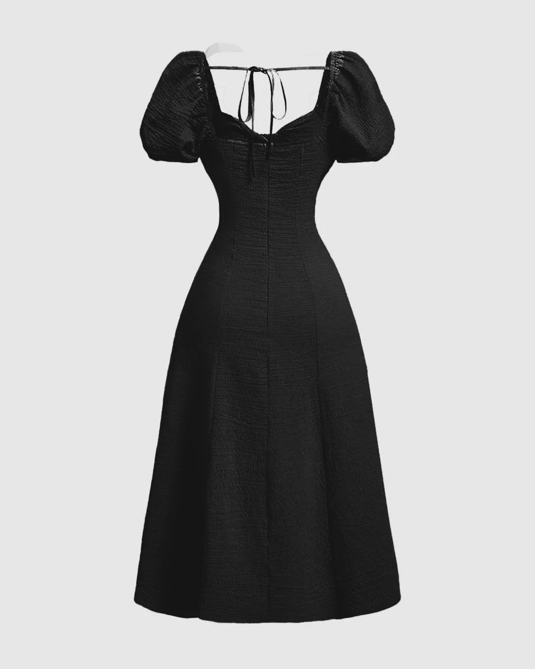 Summer Elegant Solid Color Puff Sleeve Cinch Waist Black Dress - Image 3