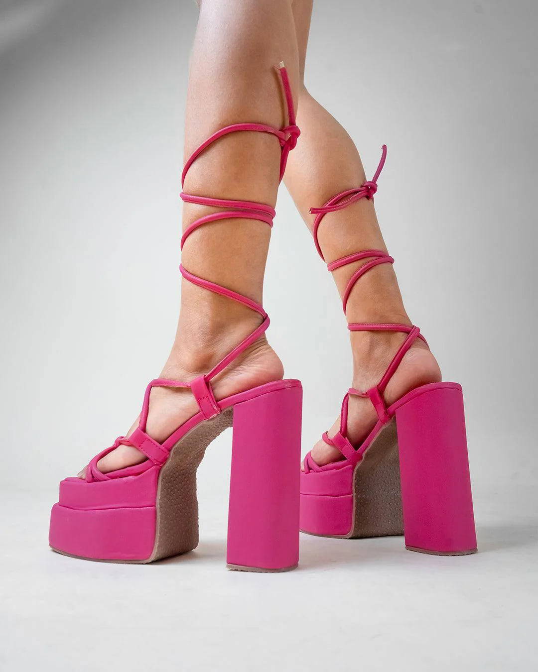 Pink Platform Heels with Lace Up Chunky Heel Design - Image 3