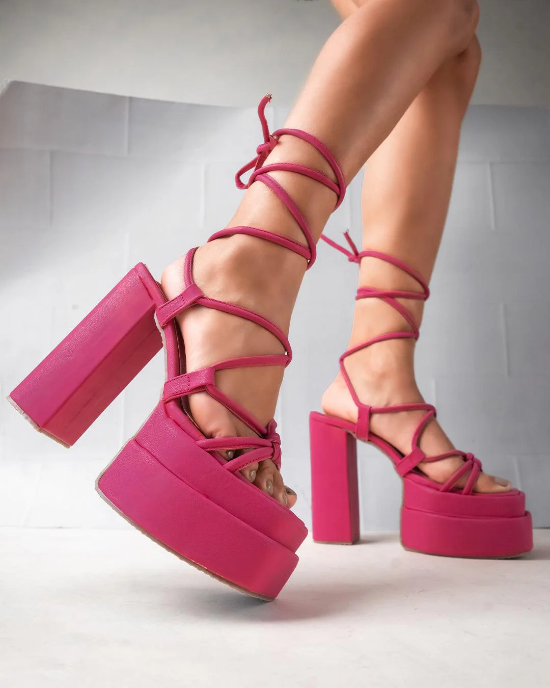 Pink Platform Heels with Lace Up Chunky Heel Design - Image 5